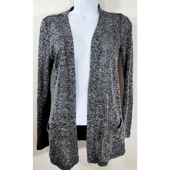 Oboe Black Gray Marled Open Front Cardigan Sweater Small Lightweight Pockets - Picture 1 of 7